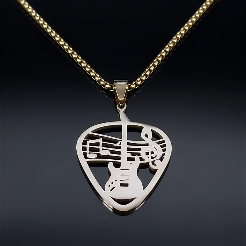 Music Guitar Pick Pendant Necklace for Women/Men Stainless Steel Gold Color Punk Bass Note Chain Necklace Party Jewelry collar