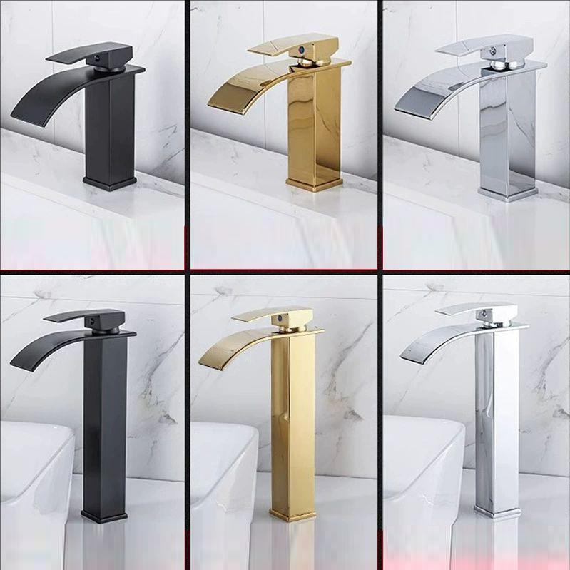 Black Waterfall Bathroom Basin Faucet Waterfall Spout Vanity Sink Mixer Tap Brush Gold Sink Faucet Tall short Style Chrome Gray