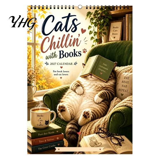 Important Date Tracker Cats Chillin' with Book 2027 Calendar, 12 Month Monthly Planner, Thick Paper Planner Daily Planning Wall Calendar for