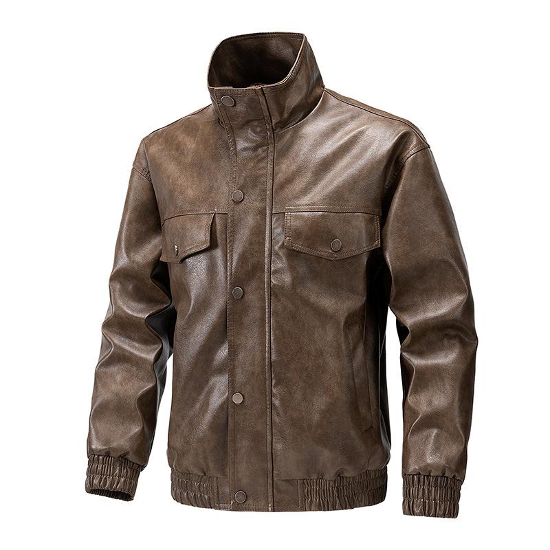 American PU leather jacket for men, spring and autumn new stand-up collar biker jacket, versatile trendy jacket, coat
