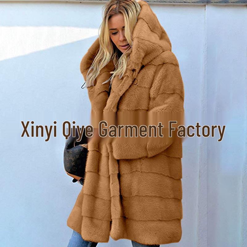 European & American Plush Hooded Faux Fur Leather Women's Autumn/Winter Coat