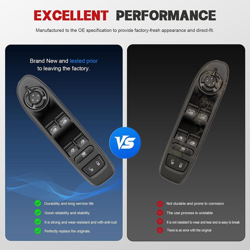 Driver Power Window Switch for 2018-2021 Jeep Compass, 6BZ27LXHAA | Front Left Switch with 2-AUTO Layout; Match OE, Mirror Controls and Rear