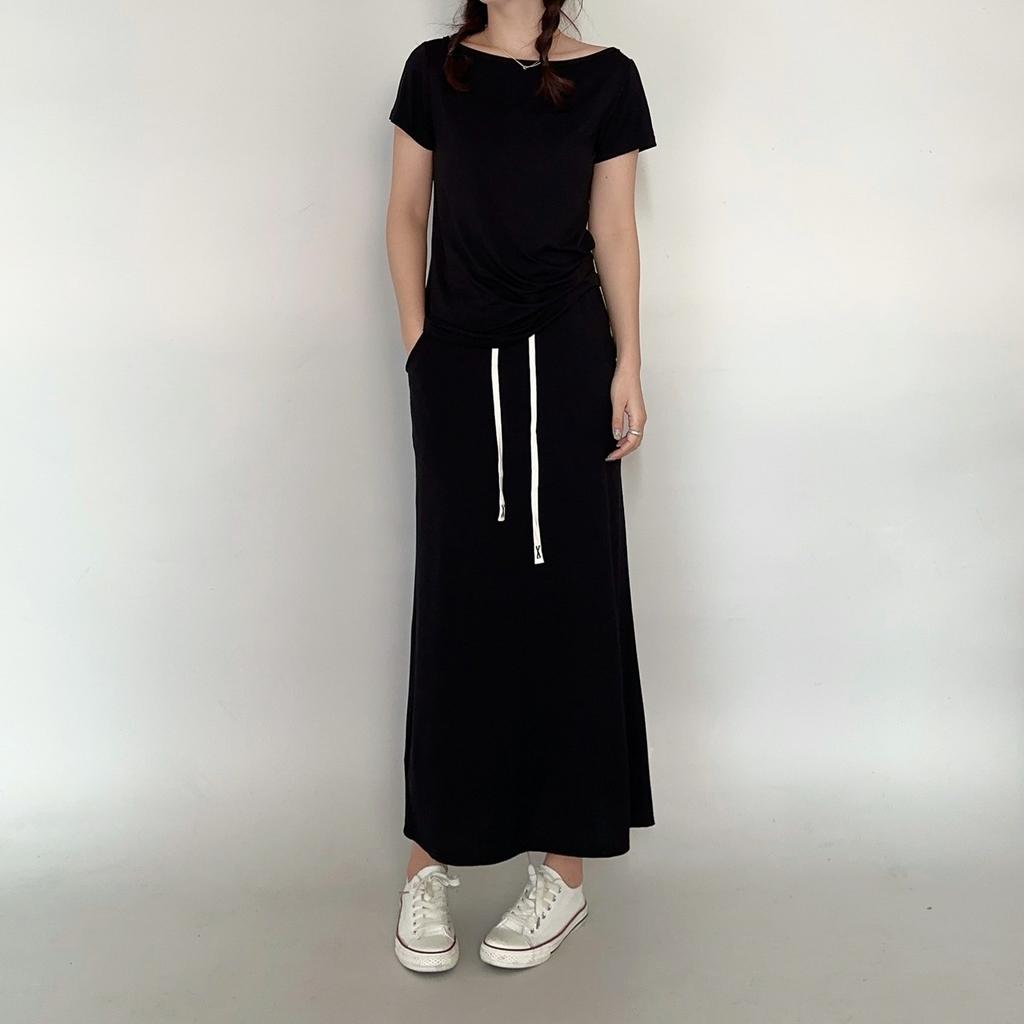 Modal A-Line Drawstring Skirt with Pockets Women Loose-fitting Long Skirts Solid Color Outwear High Waist Maxi Skirt