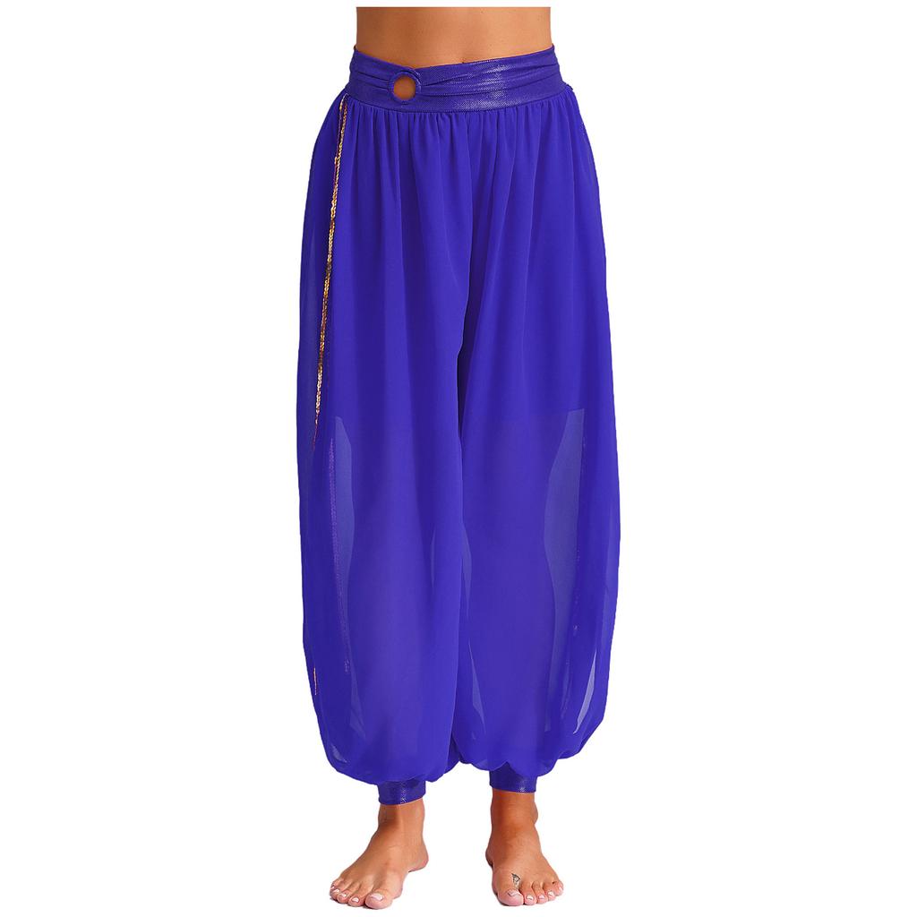 Women's Chiffon Belly Dance Pants Ruched Waistband Side Split Pants Performance Costume