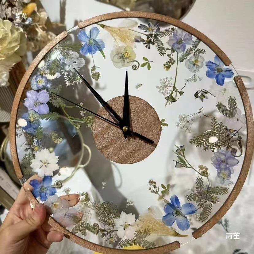 DIY Handmade Dried Flower Embossed Wall Clock with Wood Grain Border