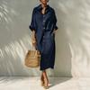 European and American summer new shirt lapel linen one-row button dress solid color casual commuter