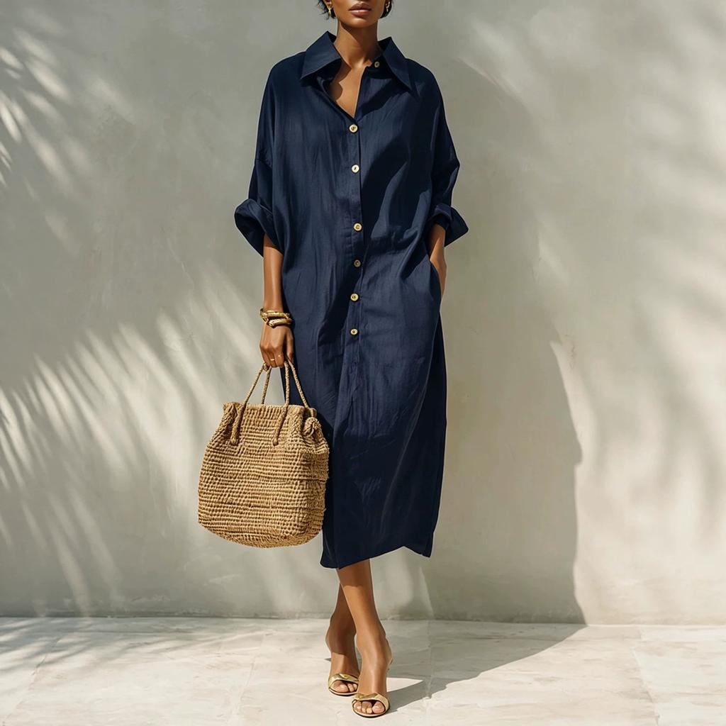 European and American summer new shirt lapel linen one-row button dress solid color casual commuter