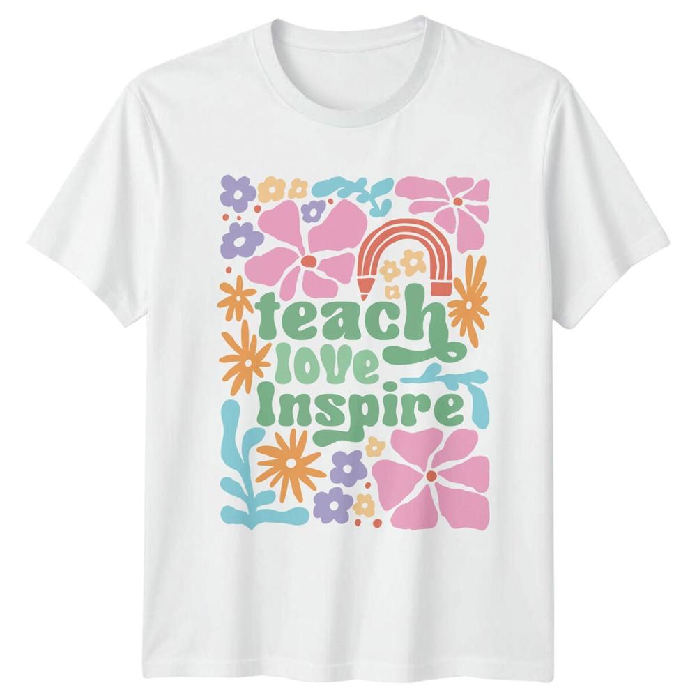 Teacher Teach Love Inspire Floral Rainbow Retro Groovy TShirt S