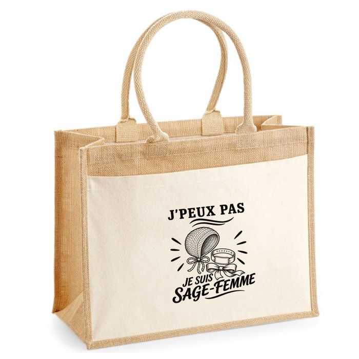Sac Cabas Jute avec Poche J’peux pas je suis Sage-femme J'peux pas minimaliste | Toile de Jute et Coton 21 L Fond Plat Anses 65 cm