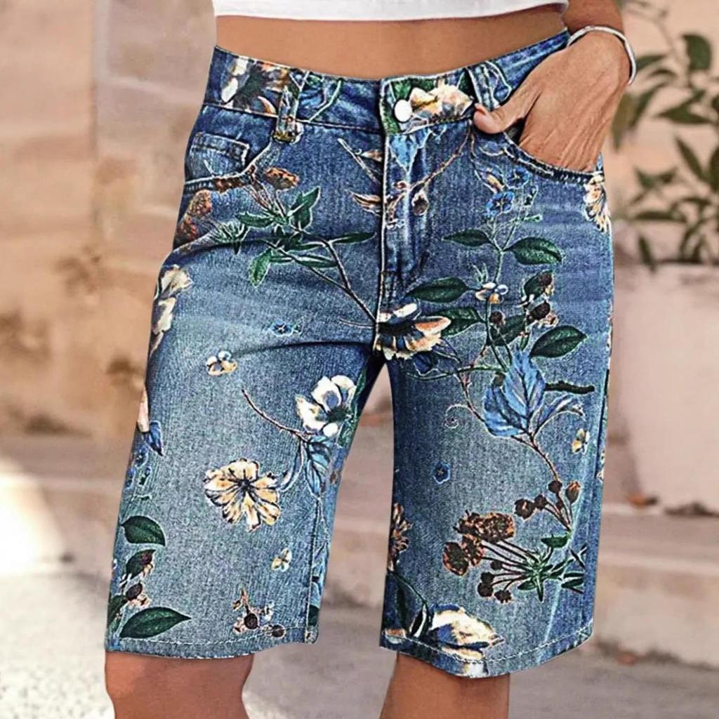 Cross2026 Florale High-Waist Wide-Leg Denim Capris für Damen