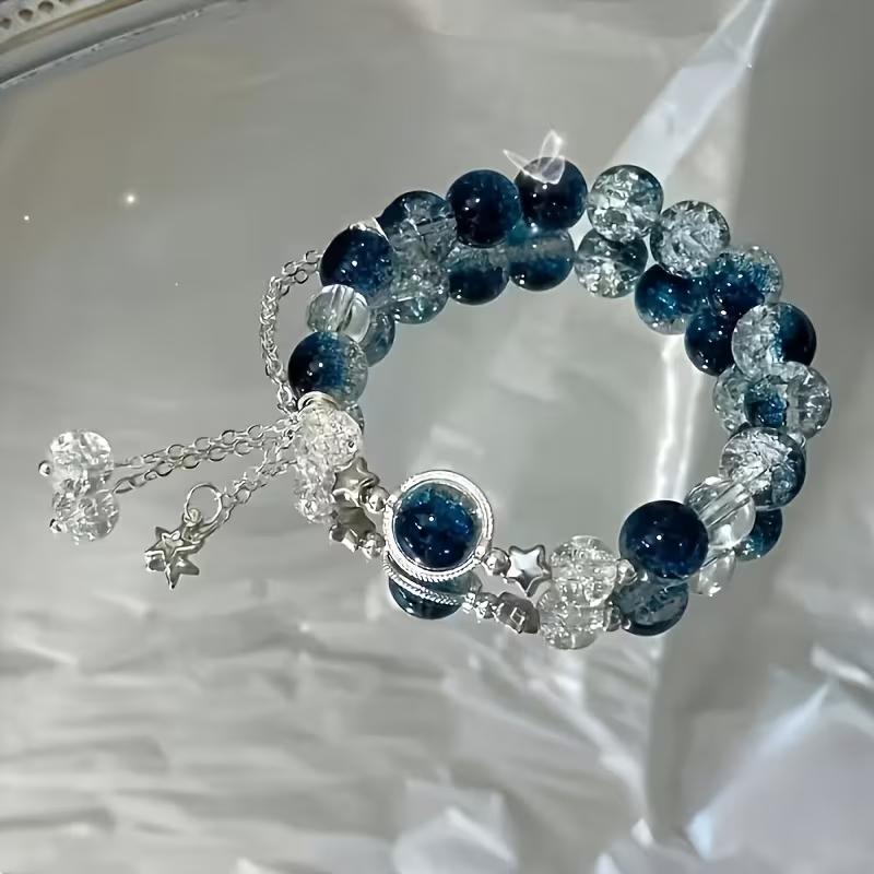 2pcs/4pcs Women's Galaxy Bracelet with Blue Cracked Glass Beads, Star Charm, Cosmic Jewelry, Adjustable Fashion Gift for Her