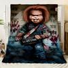 Chucky Horror Plush Blanket - Creepy Doll Inspired Blanket with Bloodstained Mugshot Design, Soft and Cozy Throw for Halloween D