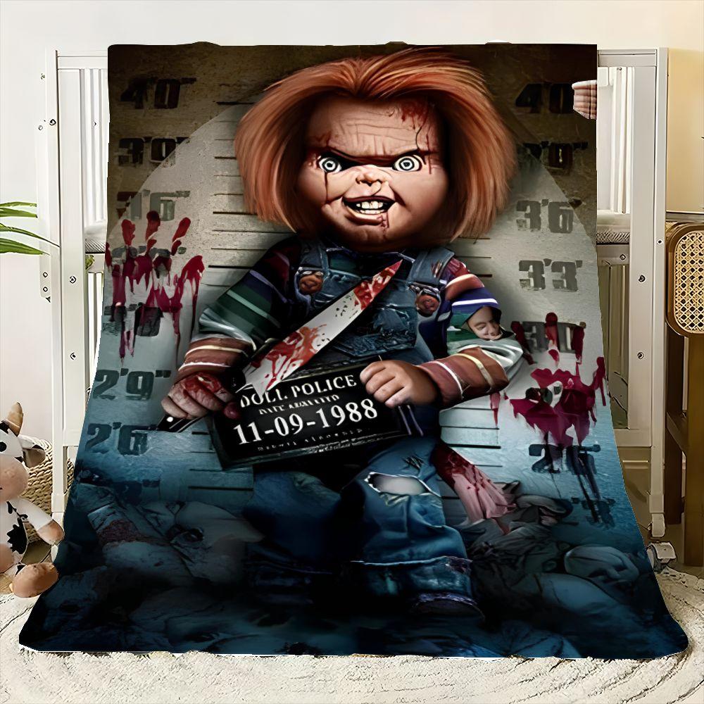Chucky Horror Plush Blanket - Creepy Doll Inspired Blanket with Bloodstained Mugshot Design, Soft and Cozy Throw for Halloween D