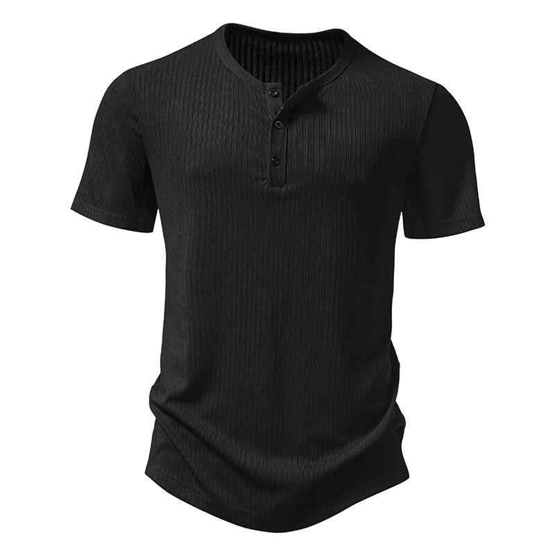 Summer European and American Casual Men's Short Sleeved T-shirt Button Henry Neck Pit Striped T Shirts Male Solid Color Top Tees