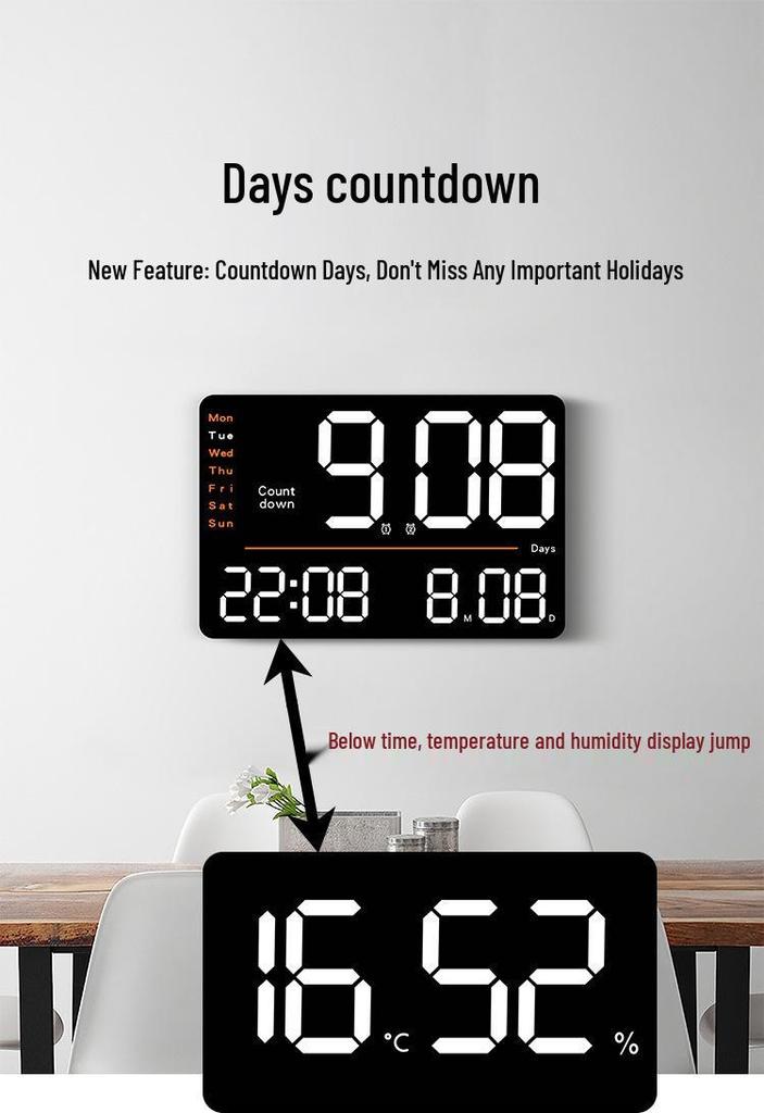 Multi-functional LED Wall Clock with Thermometer & Hygrometer - Large Display for Living Room