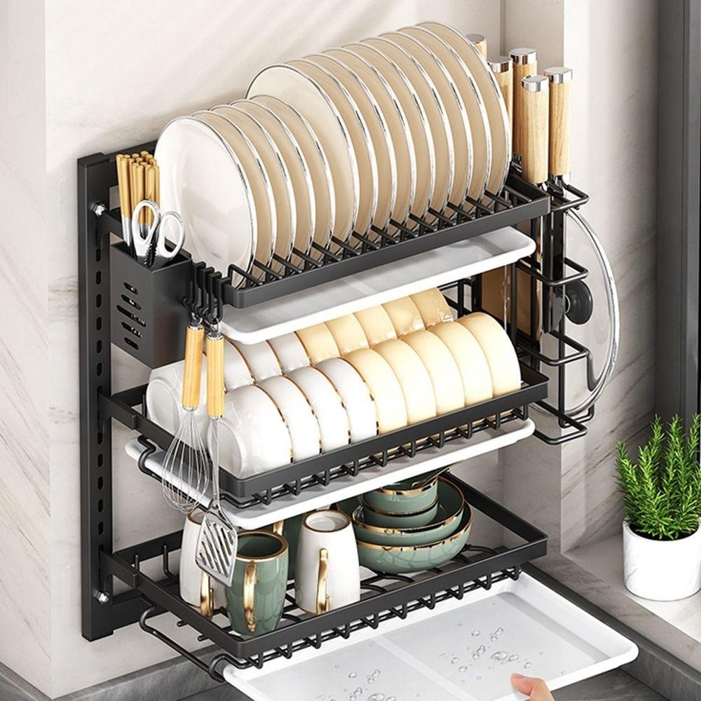 Wall Mounted Dish Drying Rack Rust-Proof Utensil Holder Kitchen Storage Rack  Household