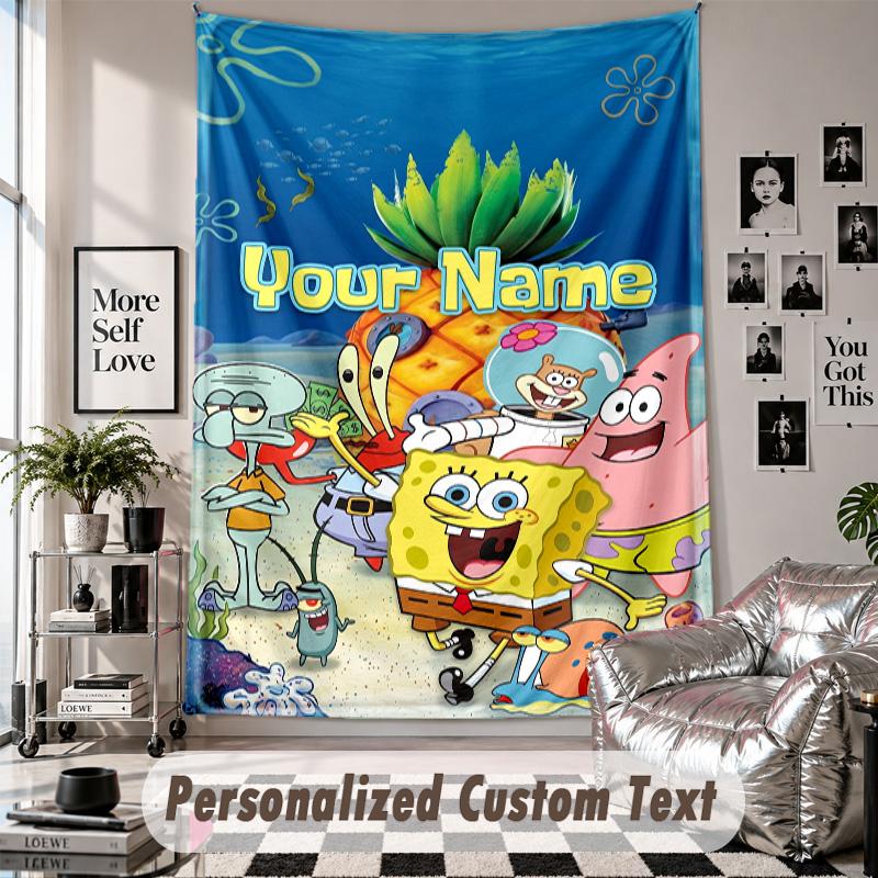 Wall Hanging Tapestry With Custom Name & Text, SpongeBob Decorative Tapestry For Bedroom