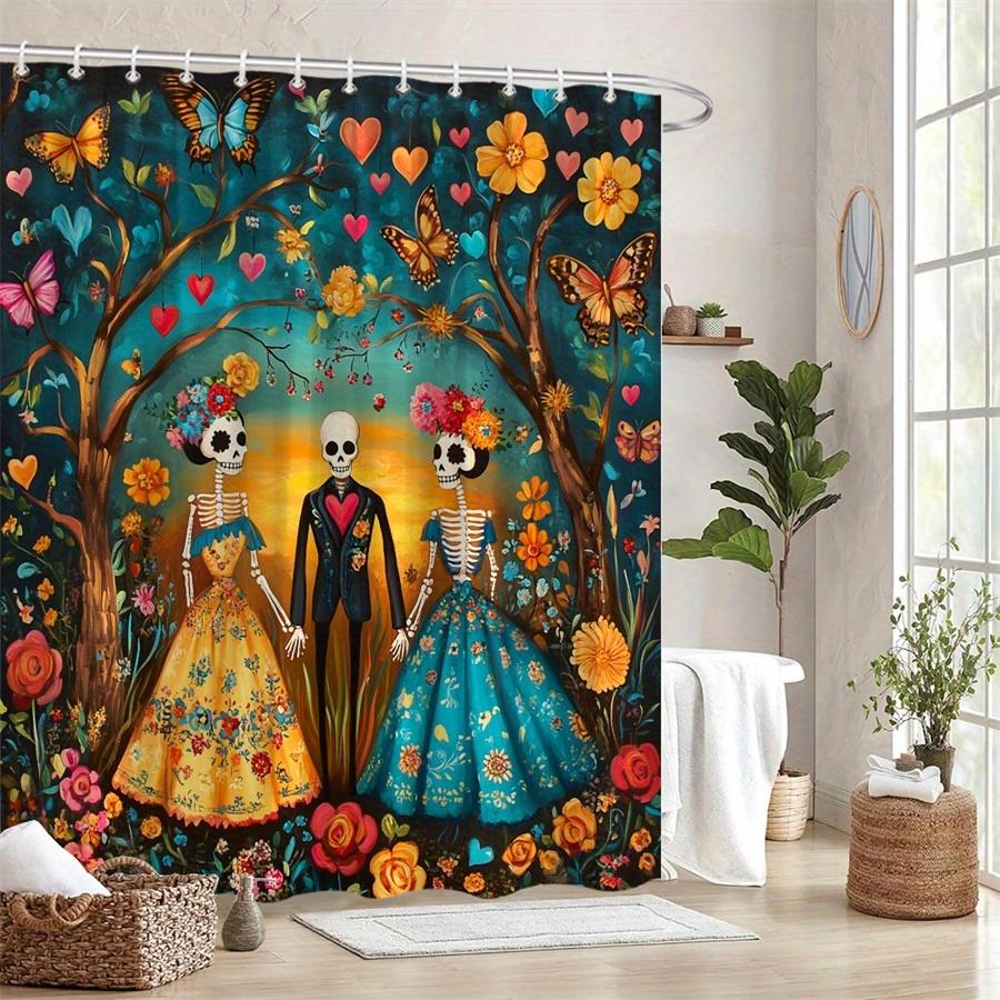 Mexican Folk Art Shower Curtain - Vibrant Skeletons, Traditional Dresses, Joyful Garden, Machine Washable, Colorful Bath Decor