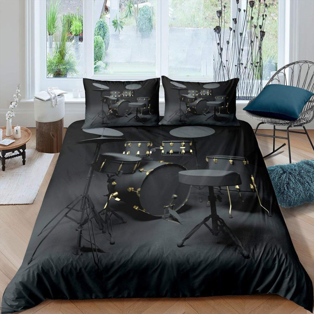 Rockmusik Weiß und Schwarz Bettbezug Doodle Zeichnung Skizze Schlagzeuger Musikalische Inspirationen Monochromes Arrangement Dekorativ Kinder
