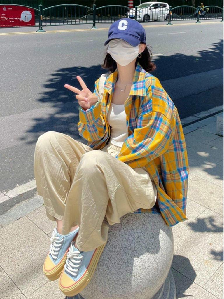 Women's 2026 Early Spring Retro Yellow Plaid Loose Shirt Jacket
