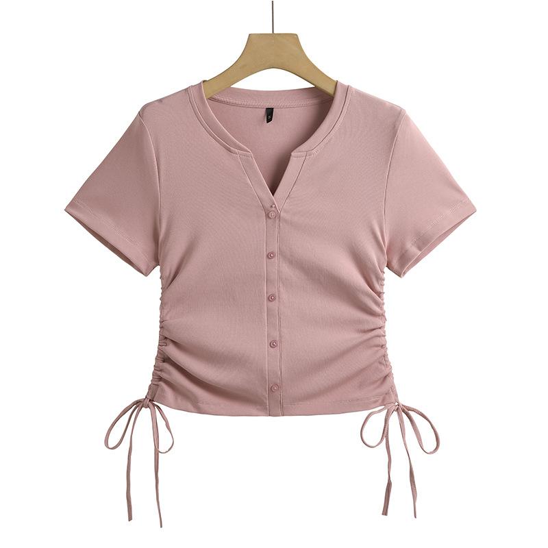 2024 Summer New Style Korean Style Women's T-shirt Fashionable and Versatile Drawstring V-neck Button Short-sleeved Undershirt