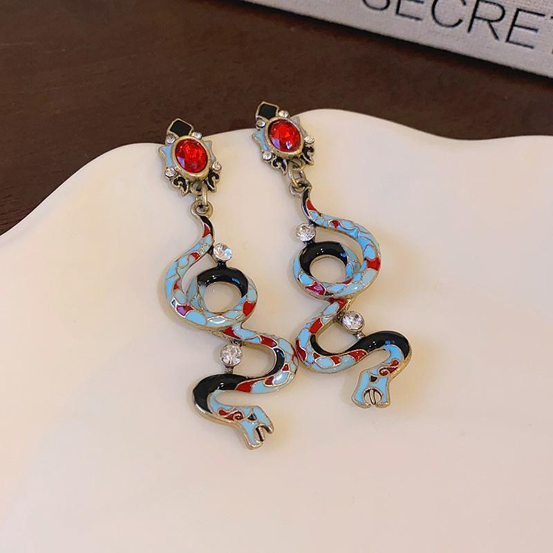 Vintage medieval silver needle oil dripping diamond snake earrings court style retro design earrings high-end jewelry