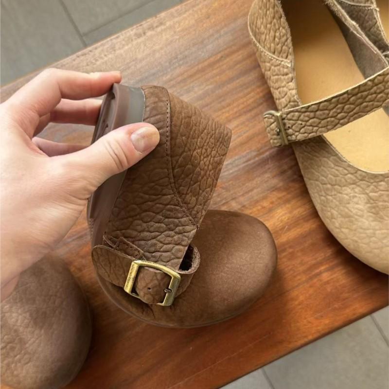 Johnature Genuine Leather Soft Soled Flats Retro Shallow Soft Cowhide Buckle Strap Women's Shoes
