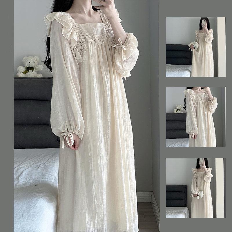 Camicia da notte in pizzo, pigiama da donna, coreano, con volant, abito da notte, primaverile, pigiama intero, manica lunga, colletto quadrato, abbigliamento per la casa