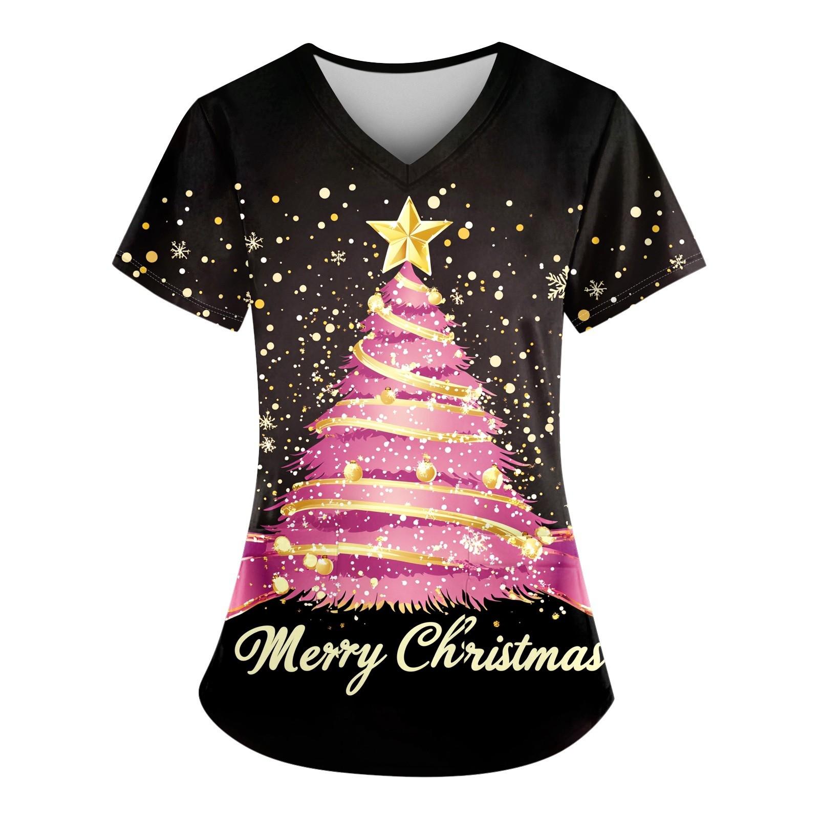 

Жіночий різдвяний сніговик, вільний принт, кишеня з V-подібним вирізом і короткими рукавами S чорний