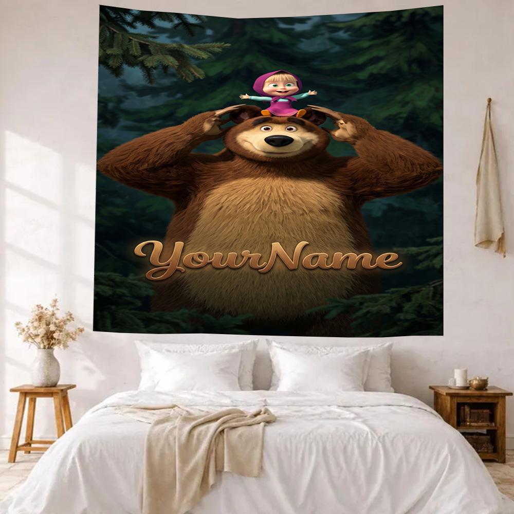 Masha Bear Custom Your Name Wall Decor Tapestry Art For Pet Memorial Birthdaywedding Party Backdrop Family Gift