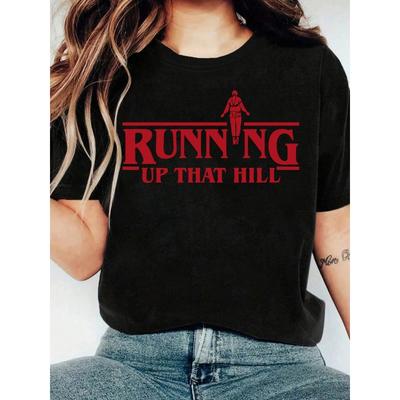 Women's Y2K "Running Up That Hill" Print T-Shirt Casual Crew Neck Breathable Weekend Top