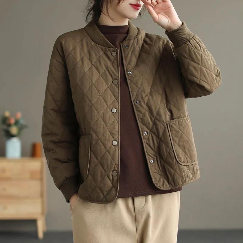 Giacca comoda da donna autunno e inverno, sottile, ampia, tinta unita, scollo tondo, corta, con clip a traliccio di diamanti, in cotone