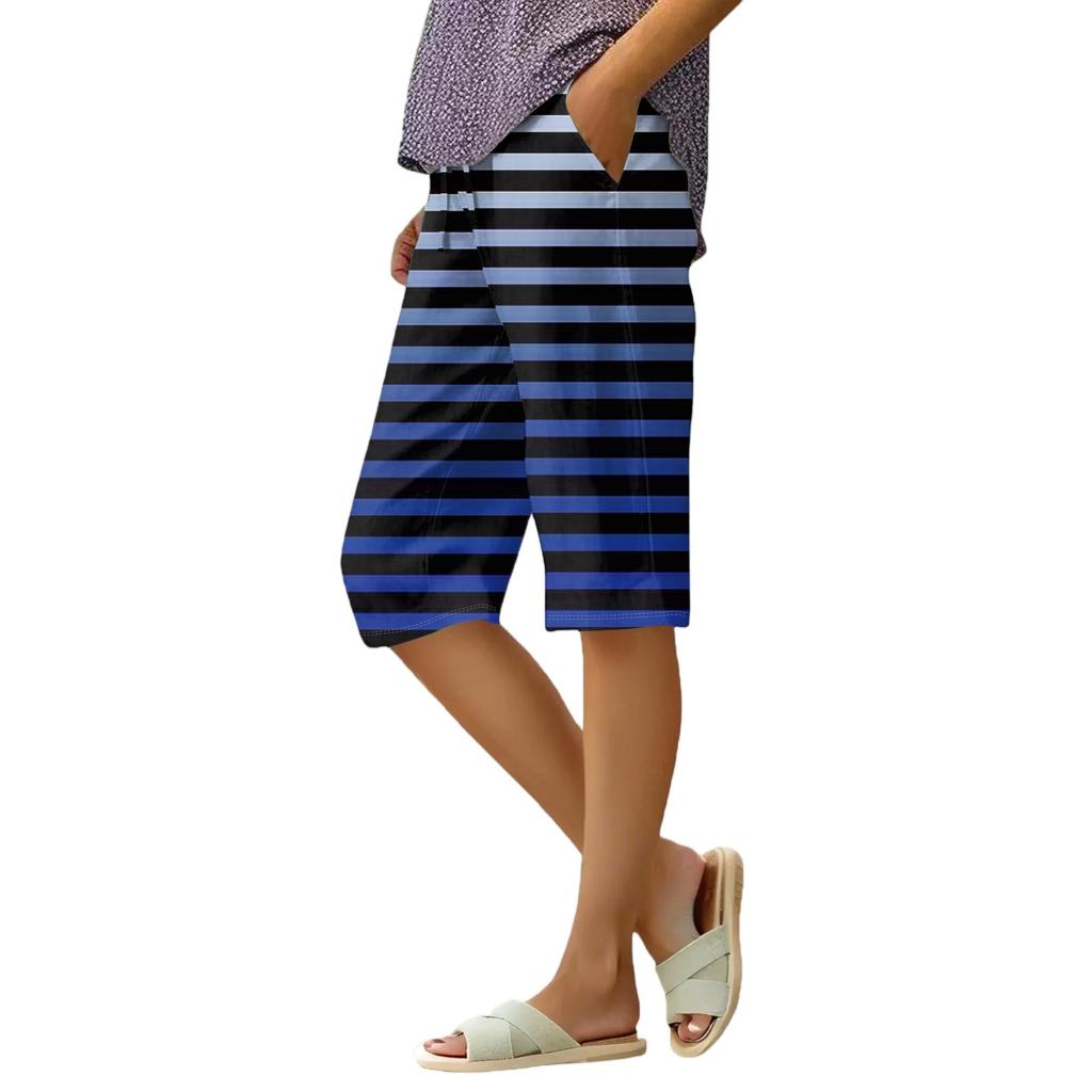 Women's Summer Gradient Floral Polka Dot Print Knee-Length Lightweight Elastic Waist Casual Pocket Shorts