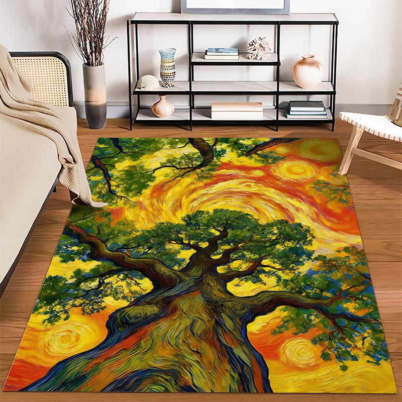 Colorful Artistic Tree Design Carpet with Swirling Sunlit Background Suitable for use as an anti-slip for living room bedroom sofas