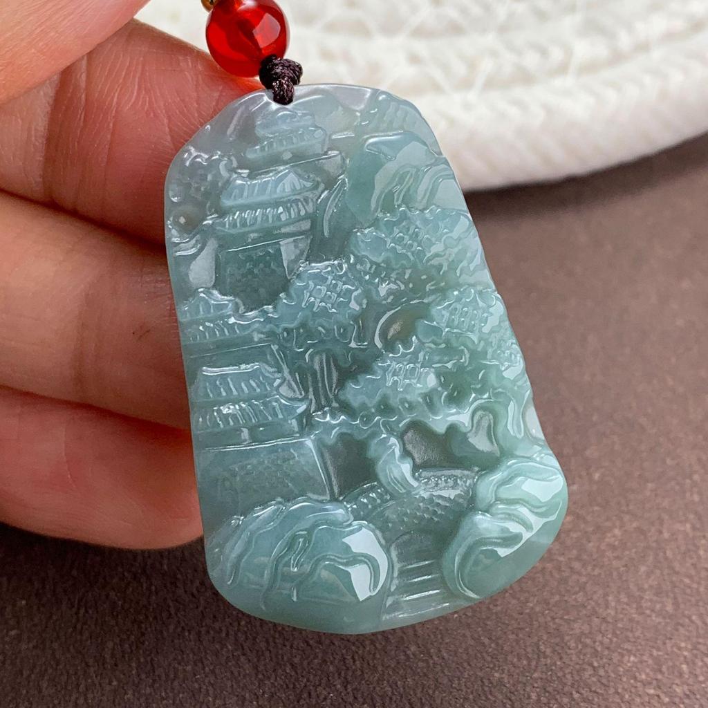 A-Grade Natural Ice Blue Jade Small Landscape Pendant with Authentication