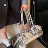 Bow Ribbon Silver PU Shoulder Bag High Quality Cylinder Underarm Bags French Stick Handbag  School