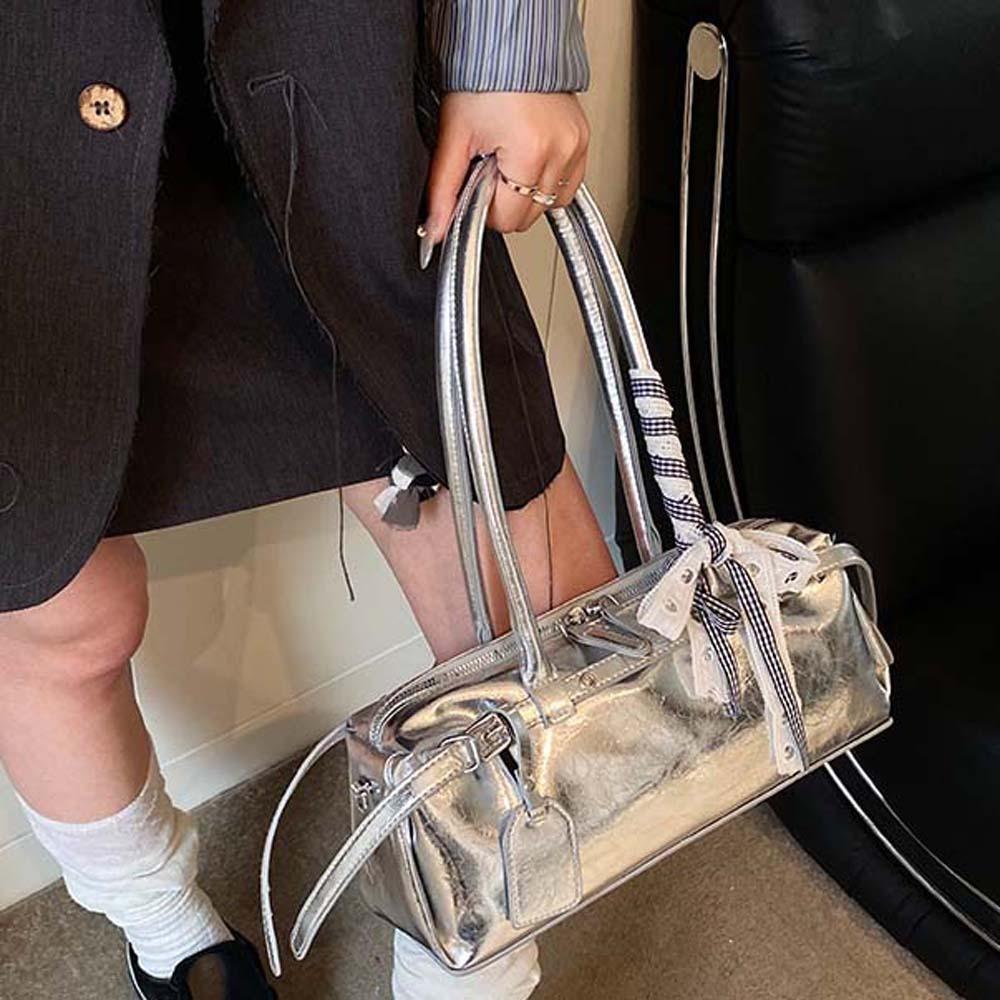 Bow Ribbon Silver PU Shoulder Bag High Quality Cylinder Underarm Bags French Stick Handbag School