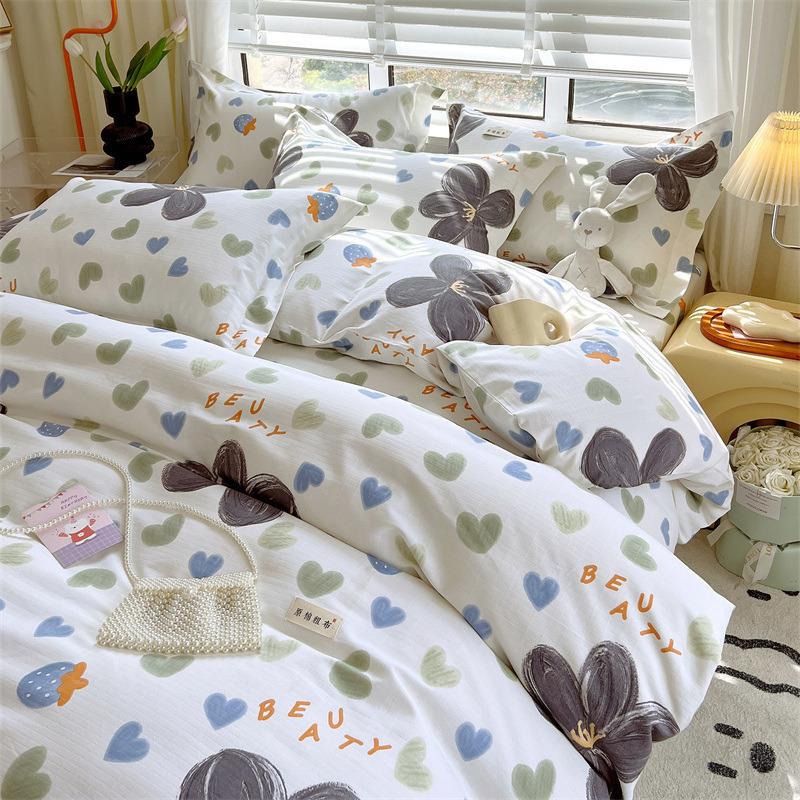 Set de pat din bumbac din patru piese, set din trei piese de husă de pilota de dormitor din bumbac pur și cearșaf de pat