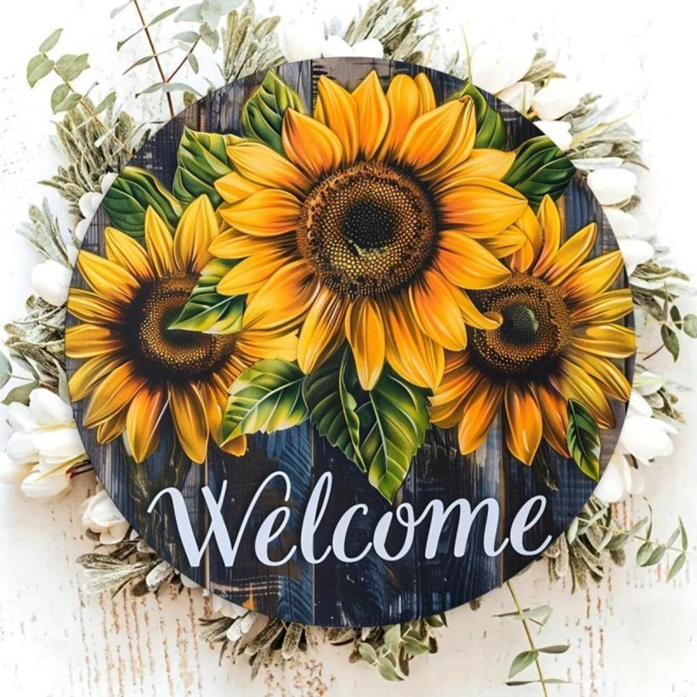 Hisun Tin Sign Vintage Welcome Sunflower Metal Tin Sign Retro Rustic Yellow Sunflower On Dark Wood Round Wall Art Decor Classic Farmhouse Flo