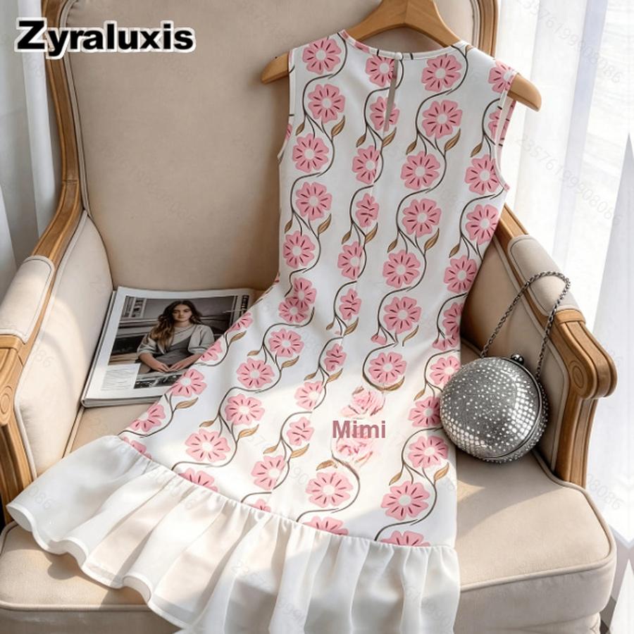 Women s Summer Fashion Casual Elegant Floral Print Crew Neck Slim Fit Sleeveless Ruffled Hem Short Dress S темный орхидеи