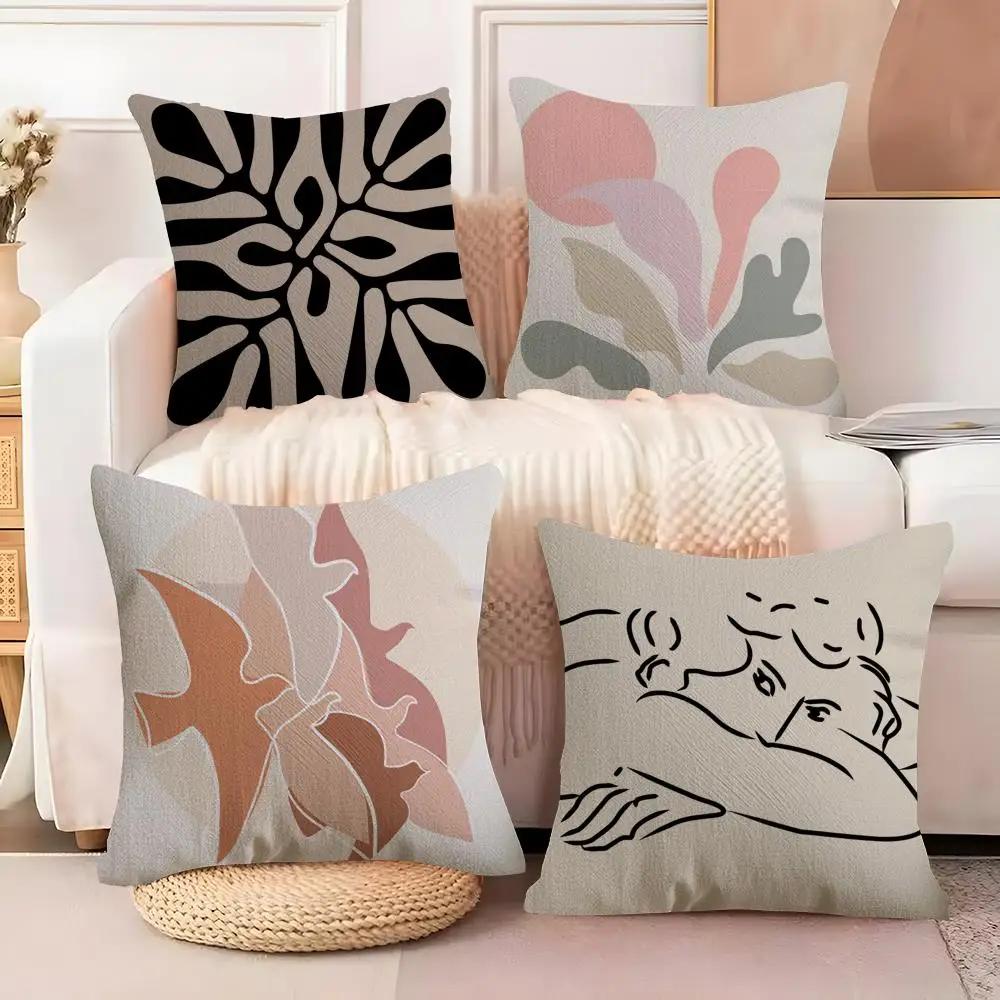 Lines Girl Coral Leaves Wall Art Painting Nordic Pillow Case Natural Linen Double-Sided Printing Sofa Home Decor Cushion Cover