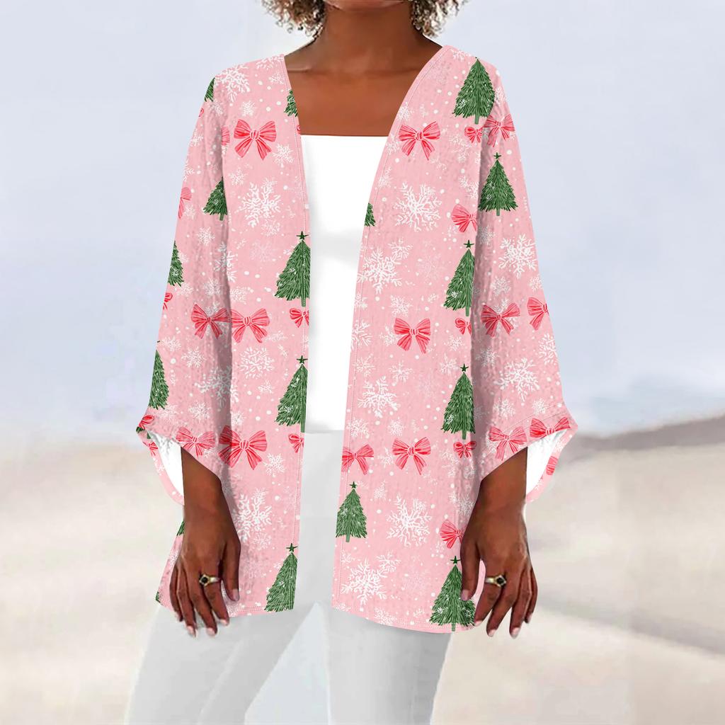 Women's Casual And Fashionable Christmas Printed Lightweight Mid Length Jacket Cardigan