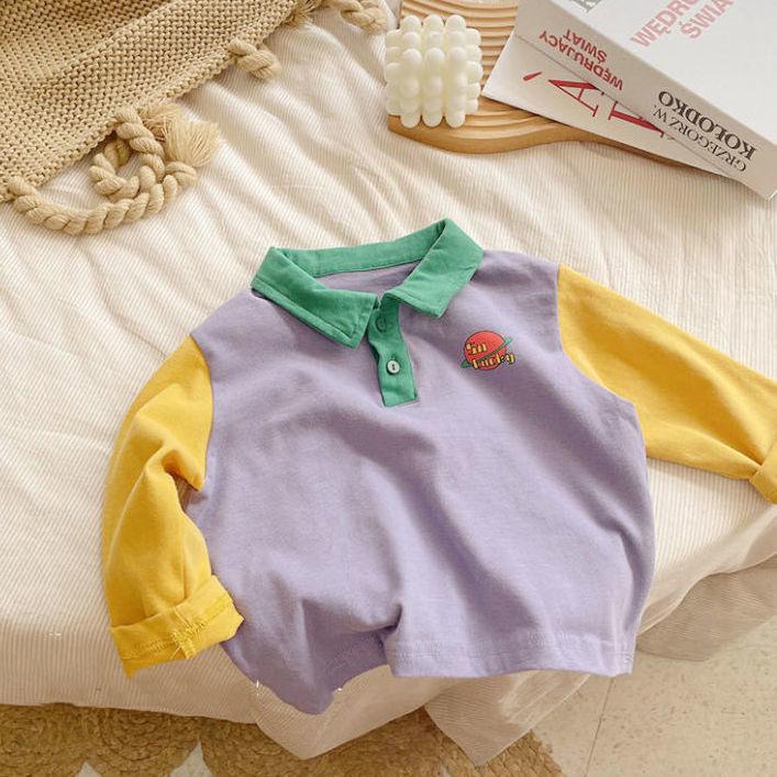 Children's Polo Shirt - Korean Style, Contrasting Colors, Cotton, Long-Sleeve, Lightweight, for Spring and Autumn.