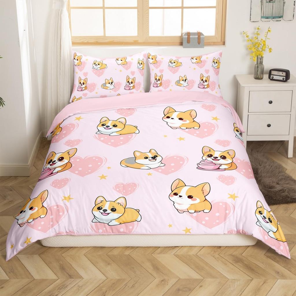 Puppy Dog Duvet Cover Queen King,Cartoon Animal Bedding Set For Kids Boys Girl,Microfiber Watercolor Pink Love Heart Quilt Cover
