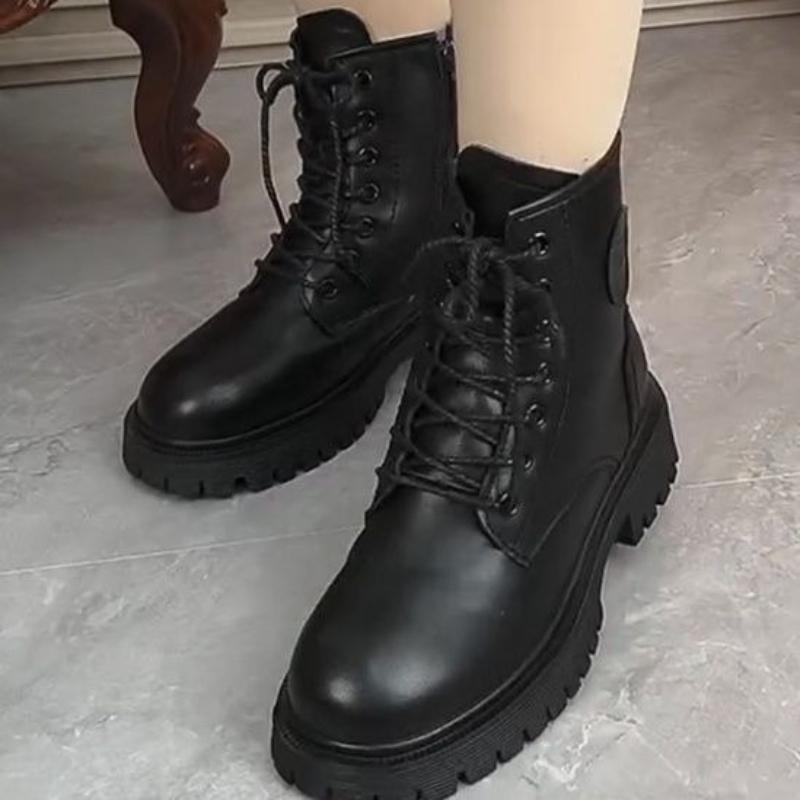 Women's Large Size Leather Soft Sole Increased Height Winter Warm Fur Snow Boots Padded Lined Ankle Boots Non-Slip Hiking Casual Sports Martin Boots