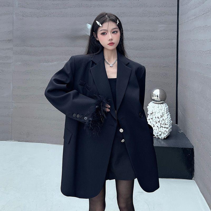 Premium Black Suit Jacket for Women, Sophisticated Long Loose Fit Blazer with Casual Style for Autumn