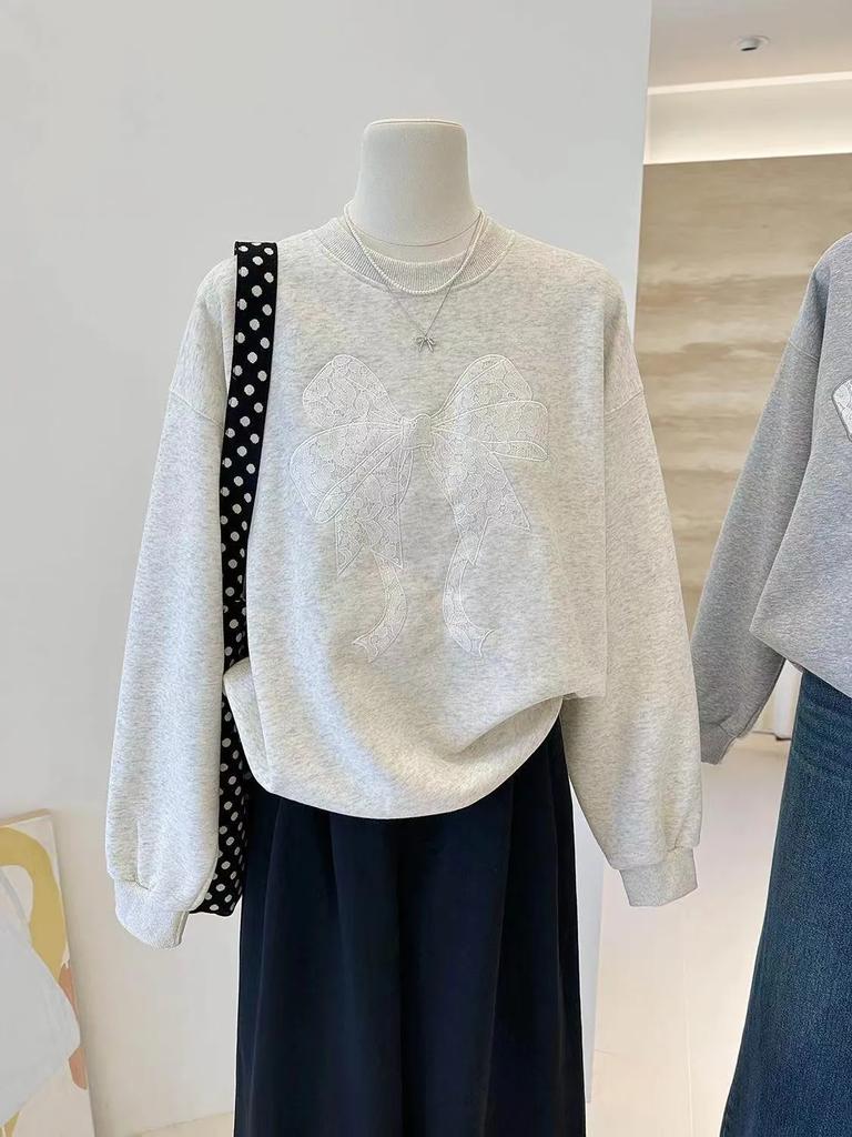 Lace Embroidered Bow Autumn Korean Style Versatile Long-sleeved Pullover Round Neck Sweatshirt Casual Women's Top