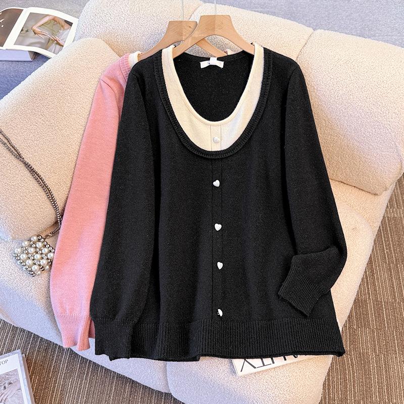 Big Size Women's Fall and Winter Warm Knitted Sweater Long-sleeved Trendy Top Double-layered Tops