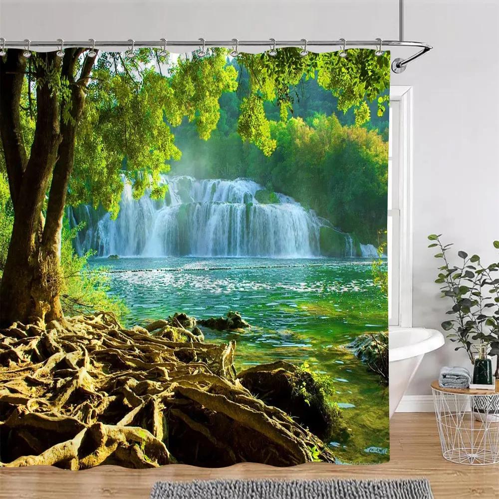 Sonnenschein Grün Wald Braun Fenster Duschvorhänge Bäume Pflanzen Natur Landschaft Polyester Badezimmer Vorhang Set Dekor Mit Haken