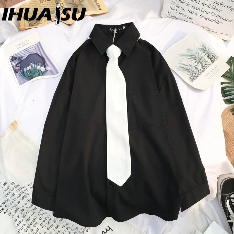 

IHUASU Женские модные повседневные однотонные блузки и рубашки-поло с длинным рукавом с принтом XXXXL чёрный